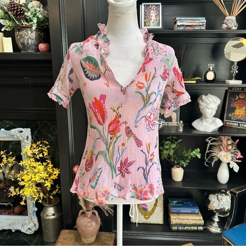 Banjanan Floral Cotton Blouse – Size XS – Boho Summer